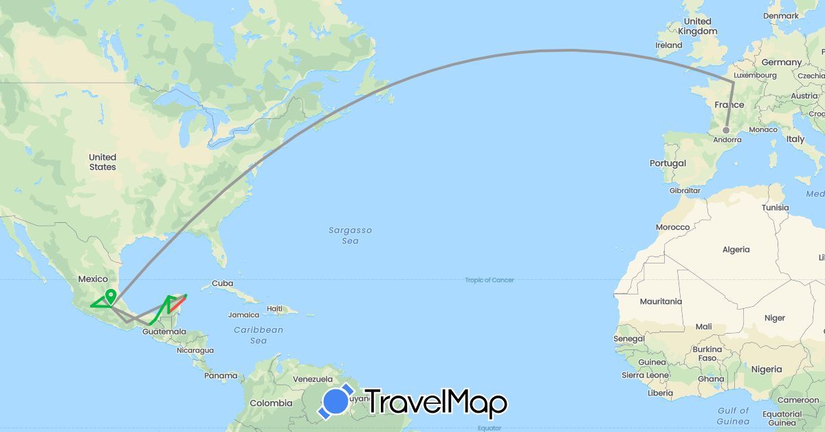 TravelMap itinerary: bus, plane, hiking in France, Mexico (Europe, North America)